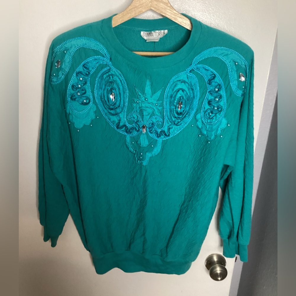 Vintage Donna Toran Teal Sweatshirt With Rhinestones M